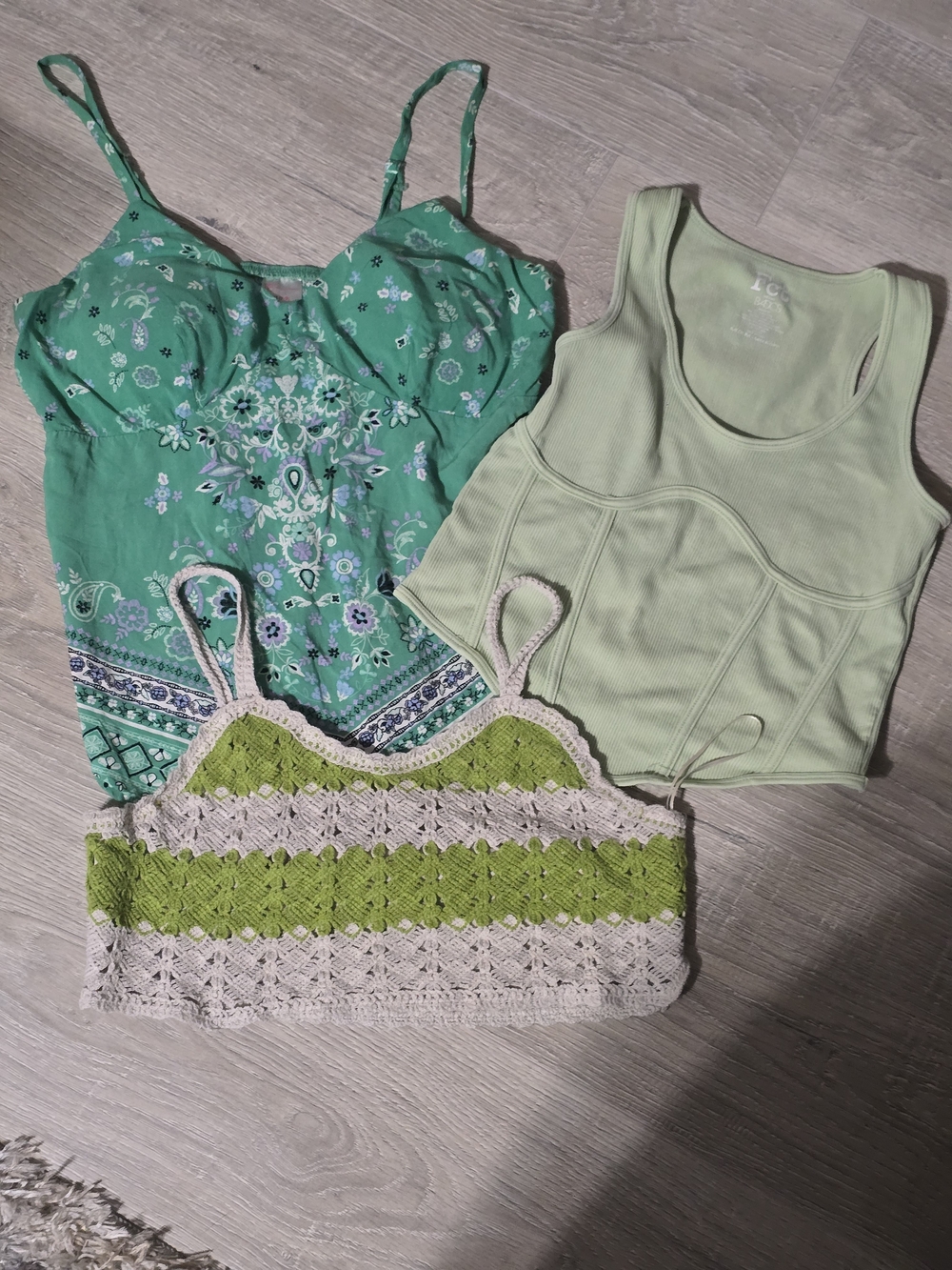 Rebellion Green & Cream Crocheted and Patterned Camisole Trio